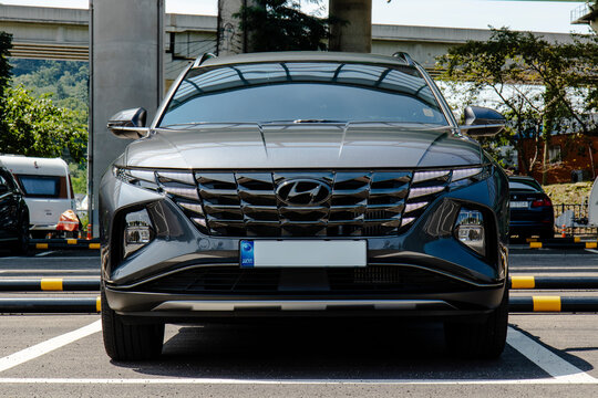 August 15, 2021, Seoul, South Korea - Front view of a dark grey Hyundai Tucson 1.6T SUV parked outdoors