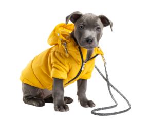 Cute grey pitbull terrier puppy wearing a bright yellow hooded raincoat sits with an attached leash, looking directly at the camera with an adorable and curious expression