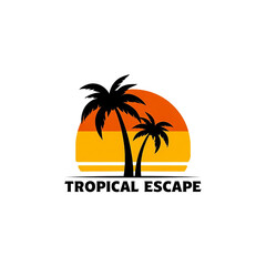 Obraz premium Tropical escape sunset palm trees logo design vector graphic