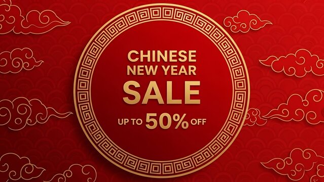 Chinese New Year sale advertisement with gold text on red background with clouds