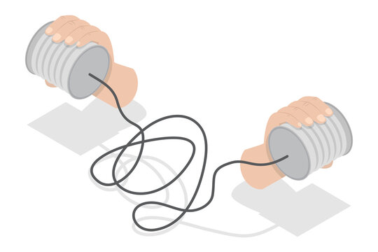 3D Isometric Flat  Illustration of String Telephone, Hands Holding DIY Rope And Cup Phone Creation