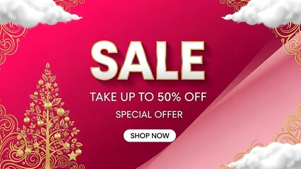 Sale banner with pink background and gold decorations for shopping discounts