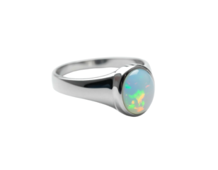 Sleek silver band showcasing a luminous oval opal with vibrant color flashes