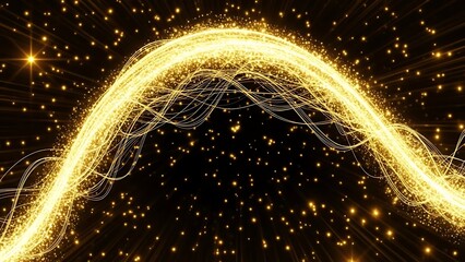 Vibrant golden light trails forming an abstract arc against a dark background with scattered sparkles and stars shining brightly with an ethereal glow.