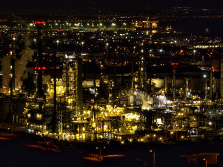 Nighttime Drone View of Hellenic Petroleum Refinery. Thessaloniki, Greece