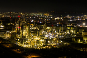 Nighttime Drone View of Hellenic Petroleum Refinery. Thessaloniki, Greece