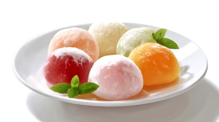A delightful assortment of colorful mochi balls on a clean white plate. These sweet treats feature vibrant flavors and a soft texture. Perfect for dessert lovers and food photography. AI