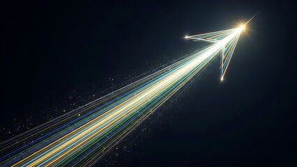 Bright light streaks across the sky forming a large arrow pointing upwards with shimmering colors and starry background creating a sense of motion and energy.