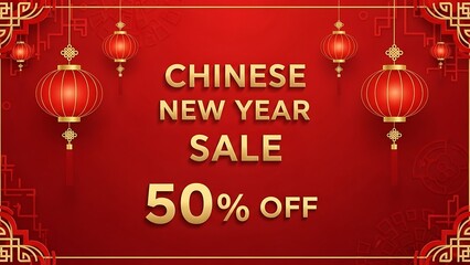 Chinese New Year sale advertisement with red lanterns and gold text on red background