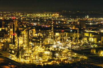 Nighttime Drone View of Hellenic Petroleum Refinery. Thessaloniki, Greece