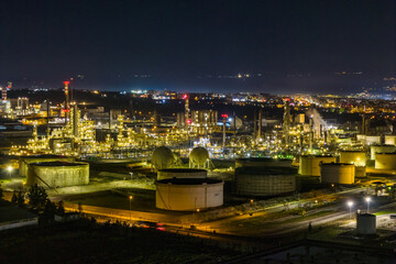 Nighttime Drone View of Hellenic Petroleum Refinery. Thessaloniki, Greece