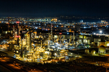 Nighttime Drone View of Hellenic Petroleum Refinery. Thessaloniki, Greece