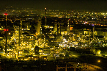 Nighttime Drone View of Hellenic Petroleum Refinery. Thessaloniki, Greece