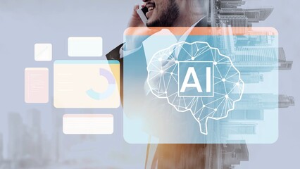 Businessman Engaged in Phone Conversation While Using AI Technology Concept in Modern Urban Environment with Abstract Digital Graphics Gluon.