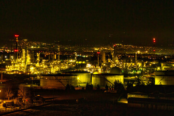 Nighttime Drone View of Hellenic Petroleum Refinery. Thessaloniki, Greece