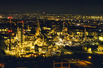 Nighttime Drone View of Hellenic Petroleum Refinery. Thessaloniki, Greece