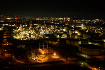 Nighttime Drone View of Hellenic Petroleum Refinery. Thessaloniki, Greece