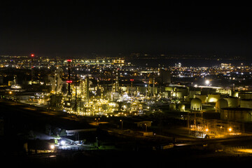 Nighttime Drone View of Hellenic Petroleum Refinery. Thessaloniki, Greece