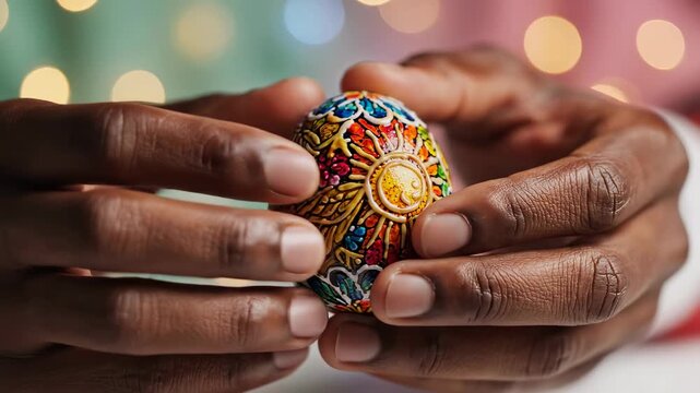 Hands carefully hold bright decorated egg. Colorful pattern fills egg while warm lights create festive atmosphere. Concept of arts and crafts, holiday decor, celebration