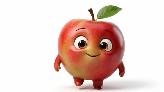 Cute red apple character dancing with a cheerful expression, 3D cartoon style on white background, perfect for kids videos and food animations.