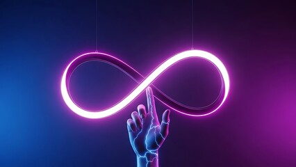 Glowing pink infinity symbol with hand and blue purple background neon light glowing pink neon