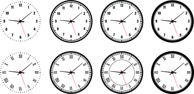 Analog wall clock icon set. Classic round timepiece symbols for schedule and deadline management, watch face designs for office and home decor vector illustration isolated on transparent background.