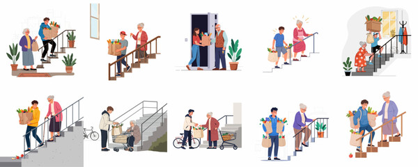 Fototapeta premium Young people helping senior citizens carry groceries and shopping bags up stairs, showing volunteering, care, and community support for the elderly.