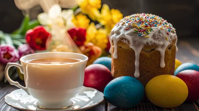Bun with icing sits next to cup of warm drink and colorful eggs. Bright flowers add to festive setting. Concept of bakeries, cafes, food industry