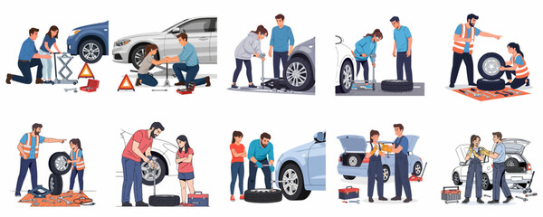 Collection of vector illustrations depicting couples and mechanics changing flat car tires, using jacks, wrenches, and toolboxes for roadside assistance and repair service. © Sri
