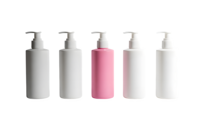 Five white and one pink bottles isolated on transparent background
