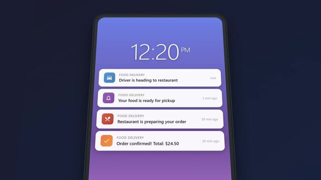 Food delivery app push notifications on smartphone lock screen with order tracking driver status and real time meal delivery progress updates animation
