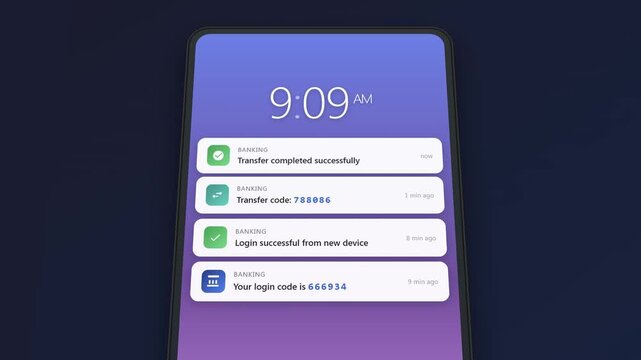 OTP one time password push notifications on smartphone lock screen with verification code banking security alerts and two factor authentication messages animation
