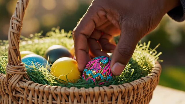Hand places bright Easter egg into woven basket filled with grass and colorful eggs. Outdoor setting showcases spring ambiance. Concept of holiday celebrations, family gatherings, outdoor events