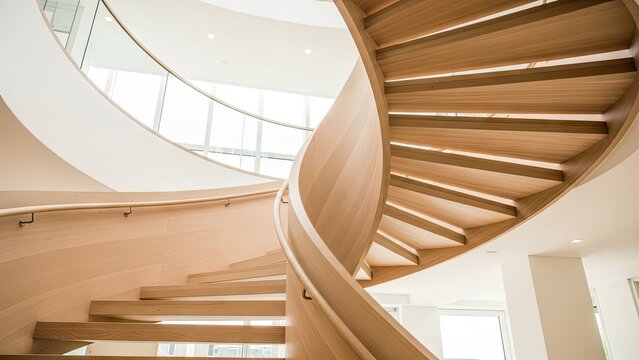 A modern wooden spiral staircase in a bright and airy interior space