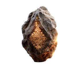Mystical ancient runestone with a glowing orange symbol carved into its dark, rugged surface, radiating powerful magical energy and warm light
