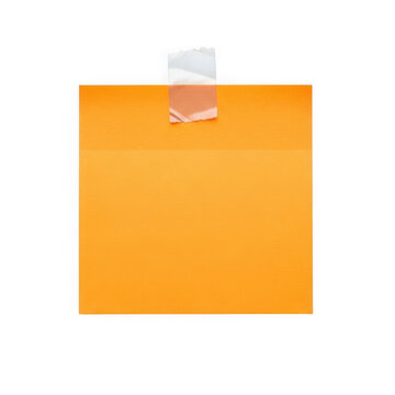 Blank orange post-it note with a transparent adhesive tape piece isolated on a white background. on transparent background, PNG