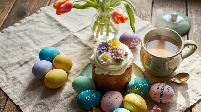 Cupcake with icing and flowers sits on table surrounded by pastel eggs and tea. Bright tulips add cheer. Concept of holiday celebration, bakery, event planning
