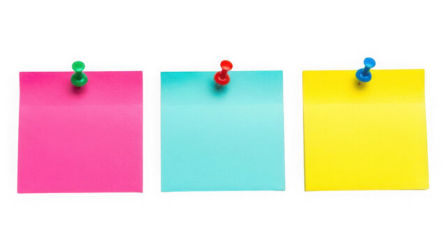 Row of three colorful sticky notes in pink, blue, and yellow pinned with different pushpins on white. on transparent background, PNG