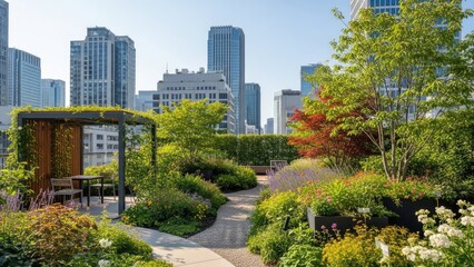 Fototapeta premium A serene rooftop garden oasis in the midst of a bustling cityscape