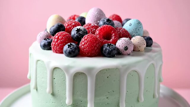 Cake features mint frosting decorated with blueberries raspberries and chocolate eggs. Bright pink background creates cheerful atmosphere. Concept of baking celebrations dessert shops pastry