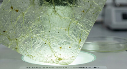 Extreme Macro Micrograph of Translucent Algae Bioplastic Sheet. Abstract Texture showing Natural Fibers and Air Bubbles under Microscope Light. Material Science Innovation.