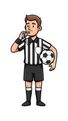A cartoon referee with a whistle and a soccer ball in his hand wearing a black and white striped uniform standing confidently