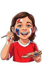 A young girl with painted face and cheerful expression is holding a paint palette and brush, preparing to create colorful designs on her face for a festive occasion