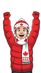 A joyful young boy dressed in warm winter clothing celebrating outdoors with arms raised in excitement during winter season