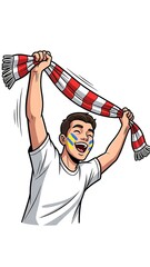 A young man with face paint celebrating passionately while holding a red and white scarf above his head