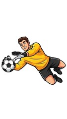 A soccer goalkeeper in a yellow jersey and black shorts making a diving catch during a game on the field