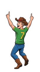 A cheerful man wearing a brown cowboy hat and green sports jersey with the number seven excitedly celebrating with arms raised and middle fingers extended