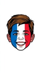 A young man with a cheerful smile and face painted with the colors of the French flag walking outdoors on a bright sunny day