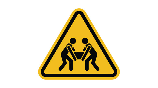 Yellow warning triangle sign with keywords: black silhouette of two people lifting heavy