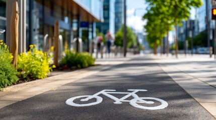 Obraz premium Urban Minimalist Bike Lane with Clear Markings and Scenic Roadside Vegetation